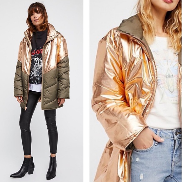 💔SOLD💔FREE PEOPLE Reversible Oversized Puffer Winter Coat Metallic Gold Green - Picture 2 of 12